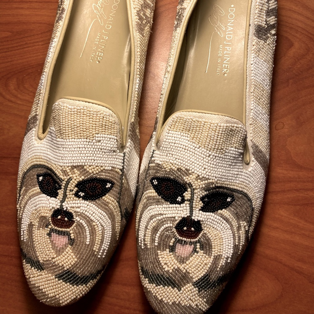 Donald Pliner beaded slip on with dog face